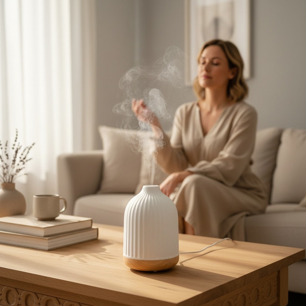 HALUNI® Serenity Stone 250 – Aroma Diffuser 250ml – Keramische Geurverspreider & Luchtbevochtiger – Ultrasoon – Stil – Met Timer & Verlichting