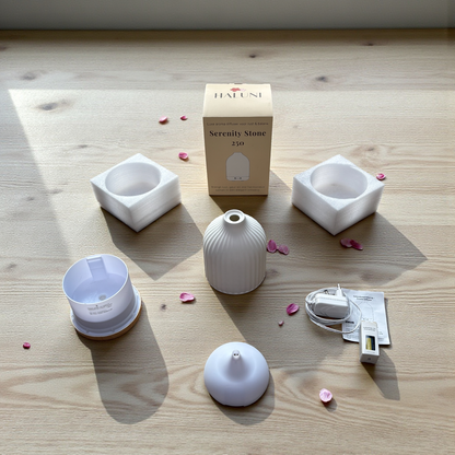 HALUNI® Serenity Stone 250 – Aroma Diffuser 250ml – Keramische Geurverspreider & Luchtbevochtiger – Ultrasoon – Stil – Met Timer & Verlichting