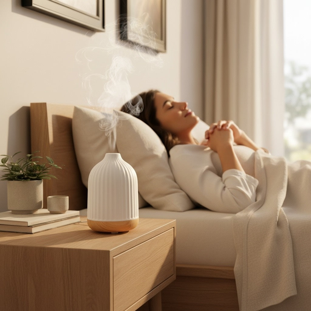 HALUNI® Serenity Stone 250 – Aroma Diffuser 250ml – Keramische Geurverspreider & Luchtbevochtiger – Ultrasoon – Stil – Met Timer & Verlichting